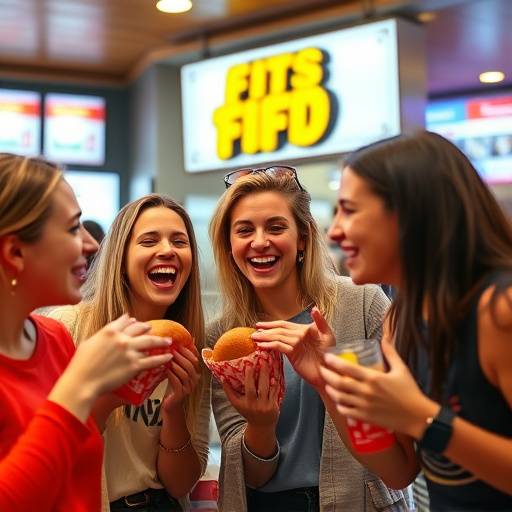 A vibrant and energetic scene from a fast-food commercial, showcasing a group of friends enjoying a meal together