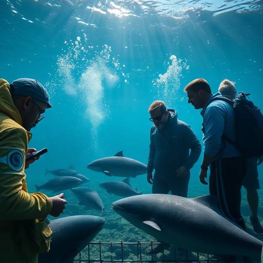 Scene from a documentary about ocean conservation, showing researchers studying marine life
